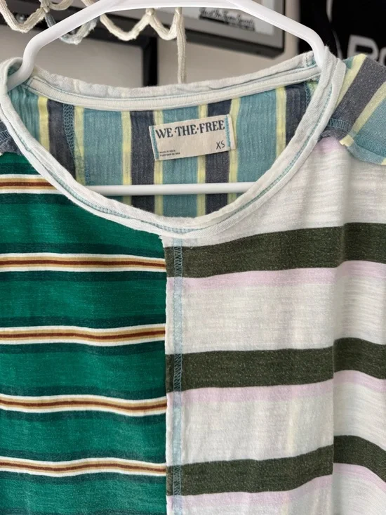 We The Free Green, White & Olive Striped Patchwork Tee - Picture 2 of 3